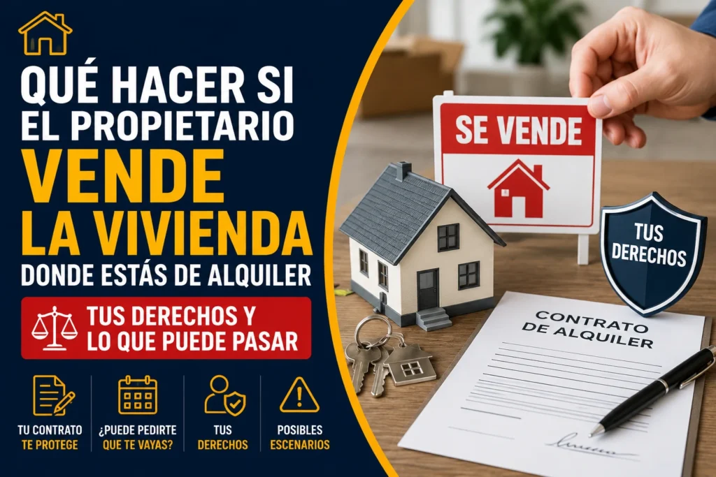 Infografía sobre los derechos del inquilino cuando el propietario vende una vivienda alquilada, con información sobre el contrato de alquiler, la protección legal y las posibles consecuencias de la venta.