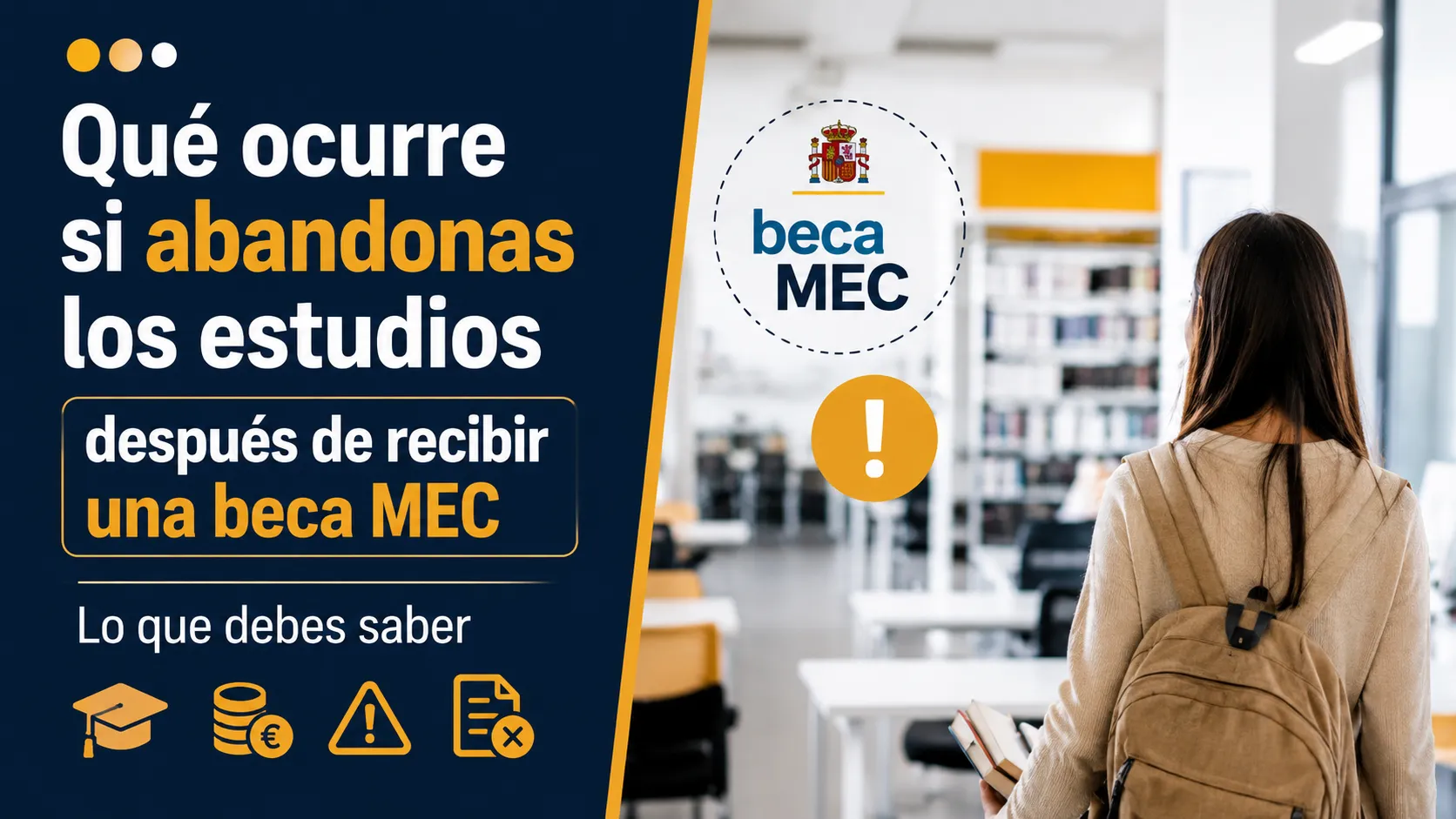 Ilustración sobre las consecuencias de abandonar los estudios después de recibir una beca MEC, con una estudiante, el logotipo de la beca MEC y un aviso informativo.