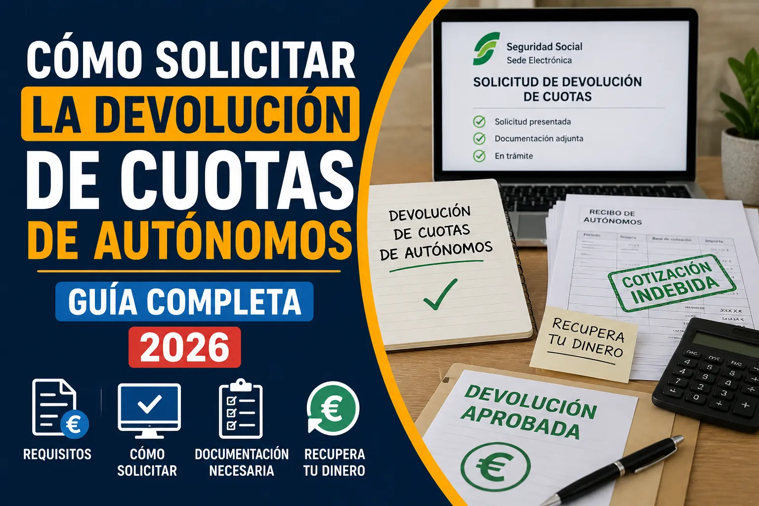 Infografía sobre cómo solicitar la devolución de cuotas de autónomos a la Seguridad Social, con información sobre los requisitos, la documentación necesaria y el procedimiento para recuperar cotizaciones ingresadas de forma indebida.