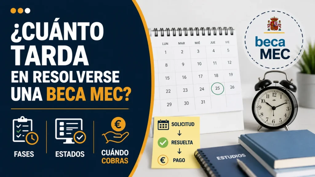 Calendario, reloj y documentación de una beca MEC que ilustran el proceso de resolución de la ayuda, sus diferentes estados y el momento en que se realiza el pago.