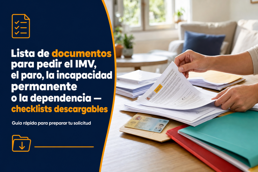 Lista de documentos para pedir el IMV, el paro, la incapacidad permanente o la dependencia — checklists descargables