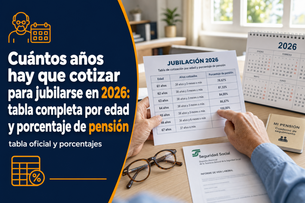 Cuántos años hay que cotizar para jubilarse en 2026: tabla completa por edad y porcentaje de pensión
