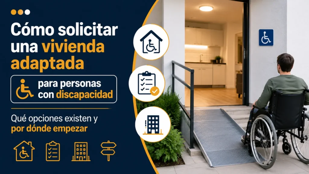 Persona usuaria de silla de ruedas accediendo a una vivienda adaptada mediante una rampa de acceso, ilustrando el proceso para solicitar una vivienda accesible para personas con discapacidad.
