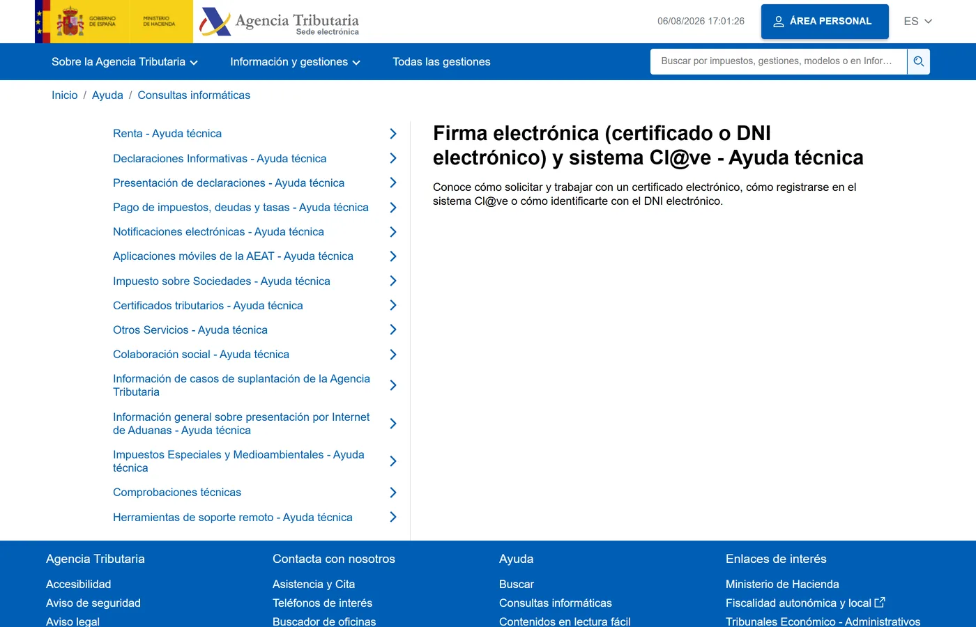 Pagina de la Agencia Tributaria sobre firma electronica con certificado, DNIe y sistema Cl@ve PIN