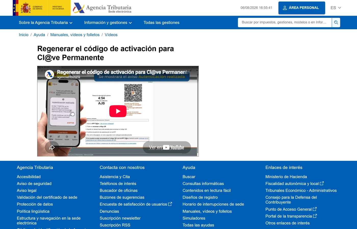 Pagina de la Agencia Tributaria con el video que explica como regenerar el codigo de activacion de Cl@ve Permanente