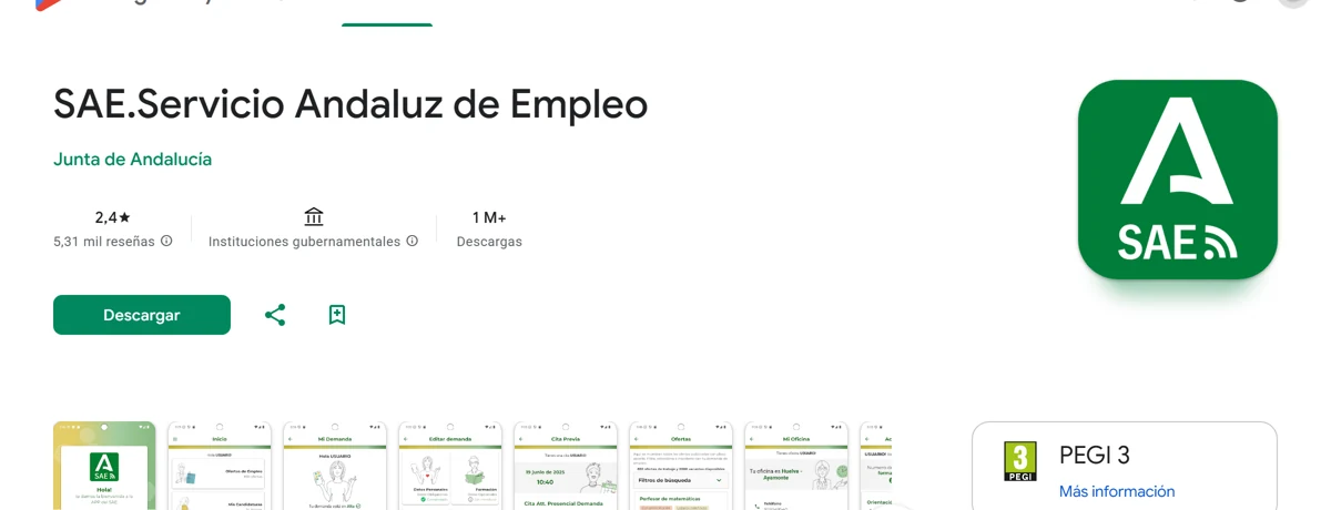 Ficha oficial de la AppSAE del Servicio Andaluz de Empleo en Google Play