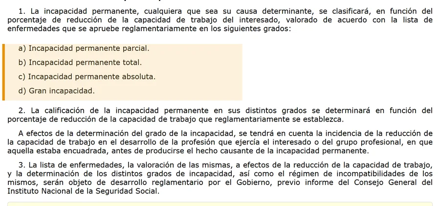 Art. 194 LGSS: los cuatro grados de incapacidad permanente