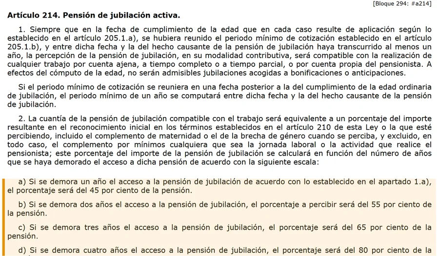 Art 214 LGSS jubilacion activa escala