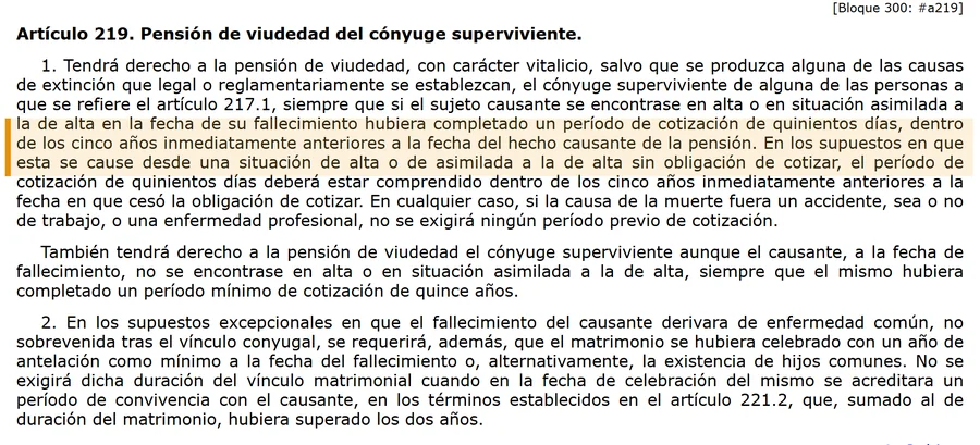 Art 219 LGSS pension de viudedad requisitos