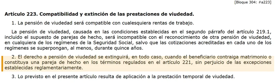 Art. 223 LGSS: extincion de la viudedad por nuevo matrimonio