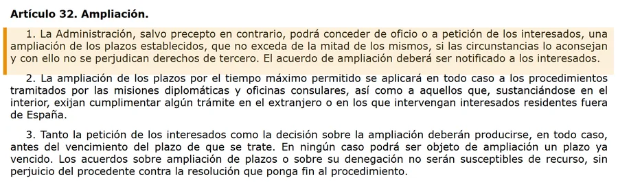 Articulo 32 de la Ley 39-2015 sobre la ampliacion de plazos administrativos