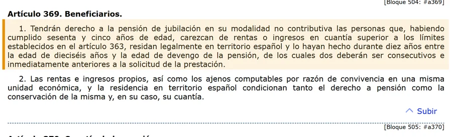 Art 369 LGSS pension de jubilacion no contributiva