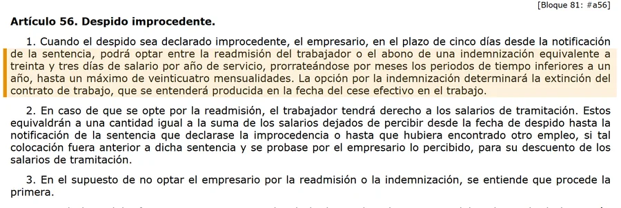 Art 56 Estatuto Trabajadores despido improcedente 33 dias