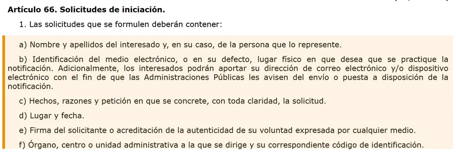 Articulo 66 de la Ley 39-2015: contenido que deben tener las solicitudes y escritos