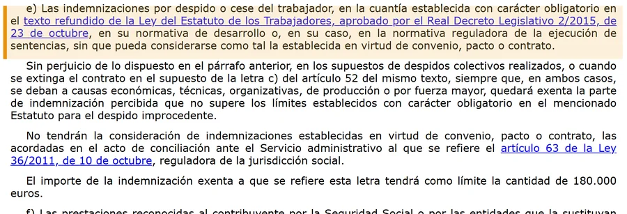 Articulo 7.e de la Ley 35-2006 IRPF sobre la exencion de las indemnizaciones por despido