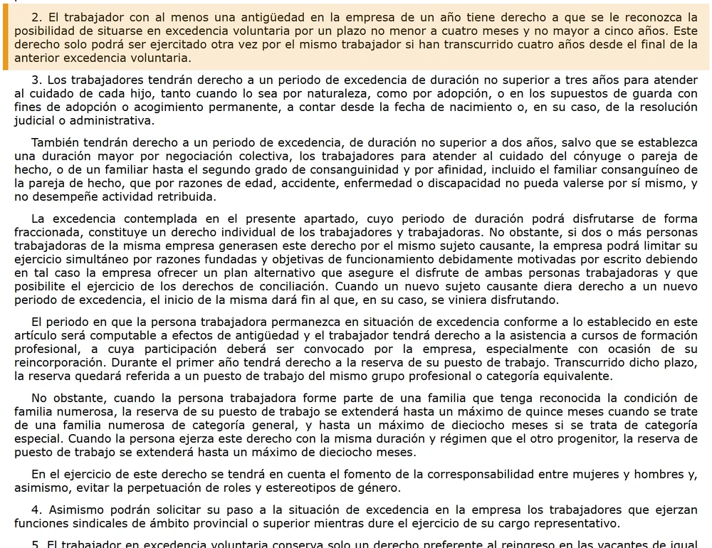 Texto del articulo 46 del Estatuto de los Trabajadores sobre la excedencia voluntaria