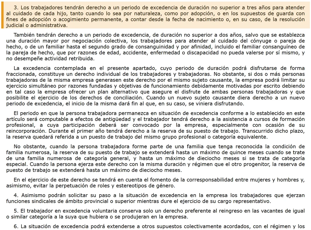 Texto del articulo 46.3 del Estatuto de los Trabajadores sobre la excedencia por cuidado de hijos