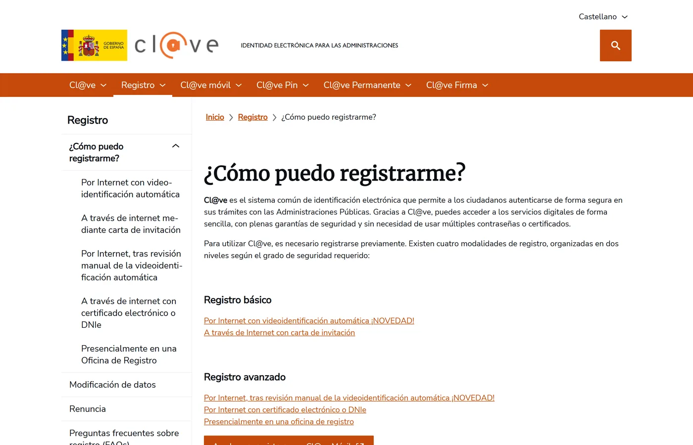 Pagina oficial de Cl@ve sobre como registrarse, con las vias por internet y presencial