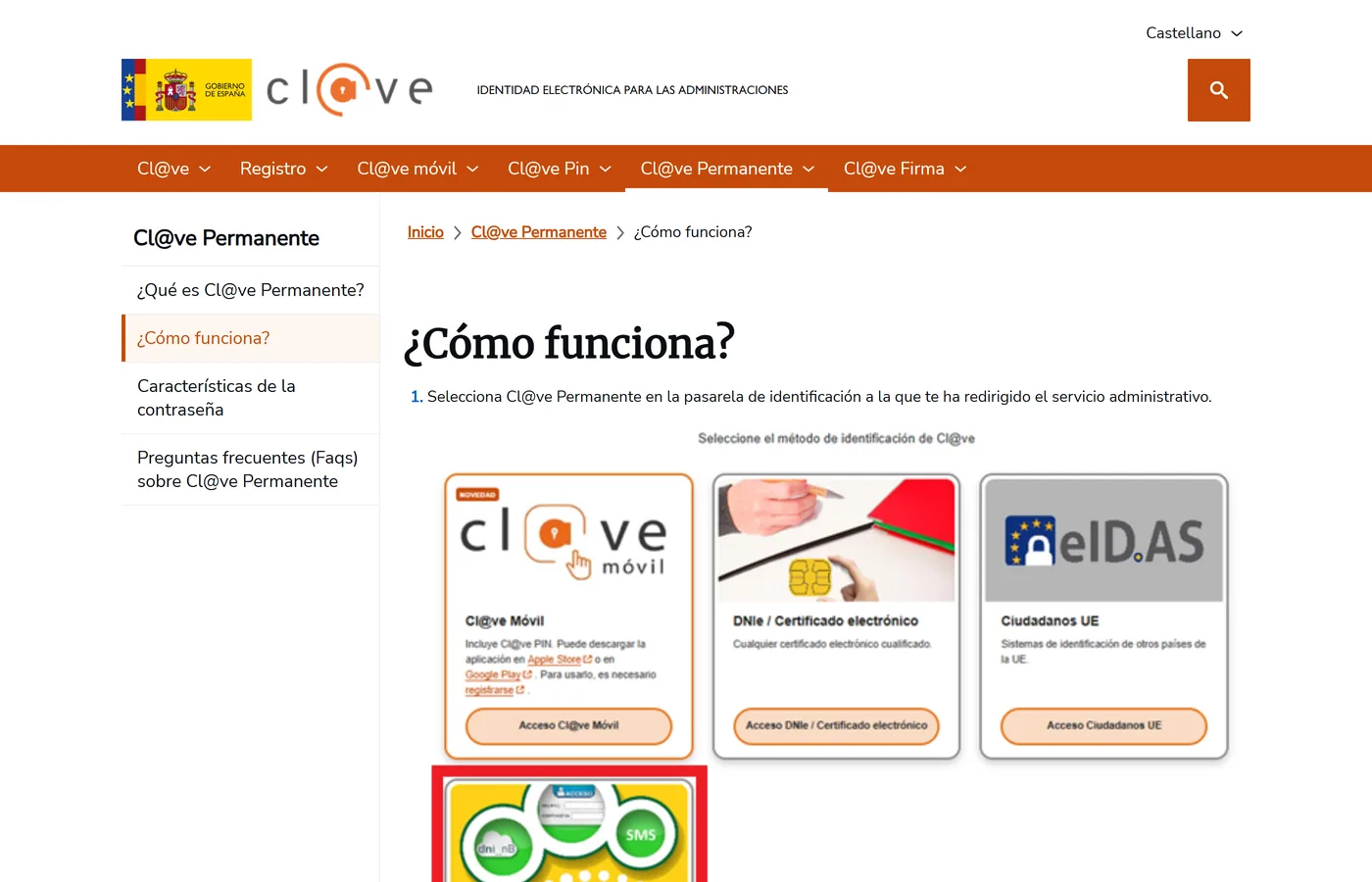 Pagina oficial de como funciona Cl@ve Permanente y sus metodos