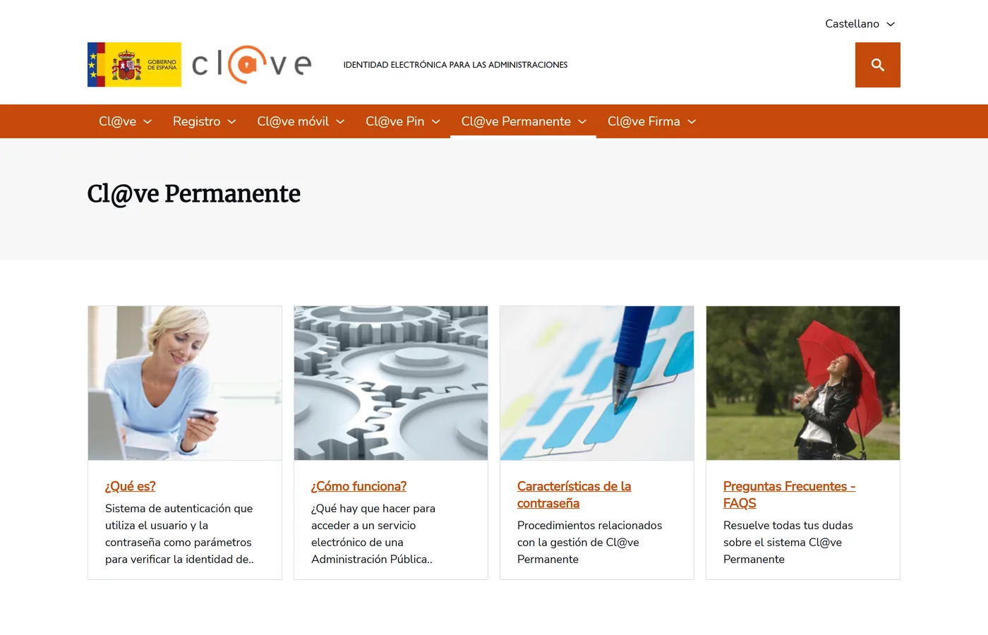 Pagina oficial de Cl@ve Permanente en clave.gob.es con sus apartados de que es, como funciona y caracteristicas