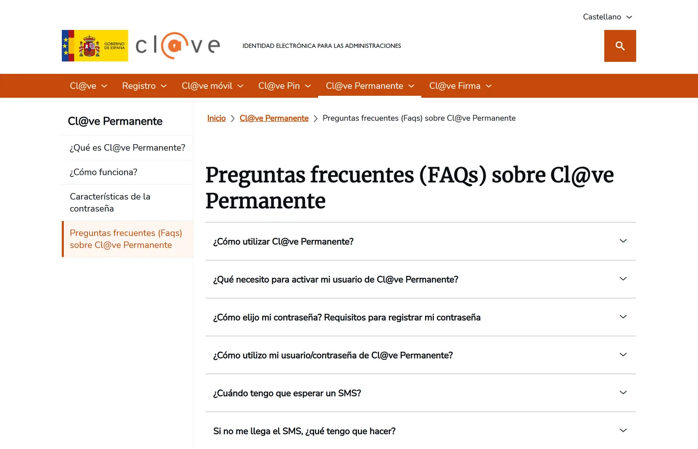 Pagina oficial de preguntas frecuentes de Cl@ve Permanente en clave.gob.es