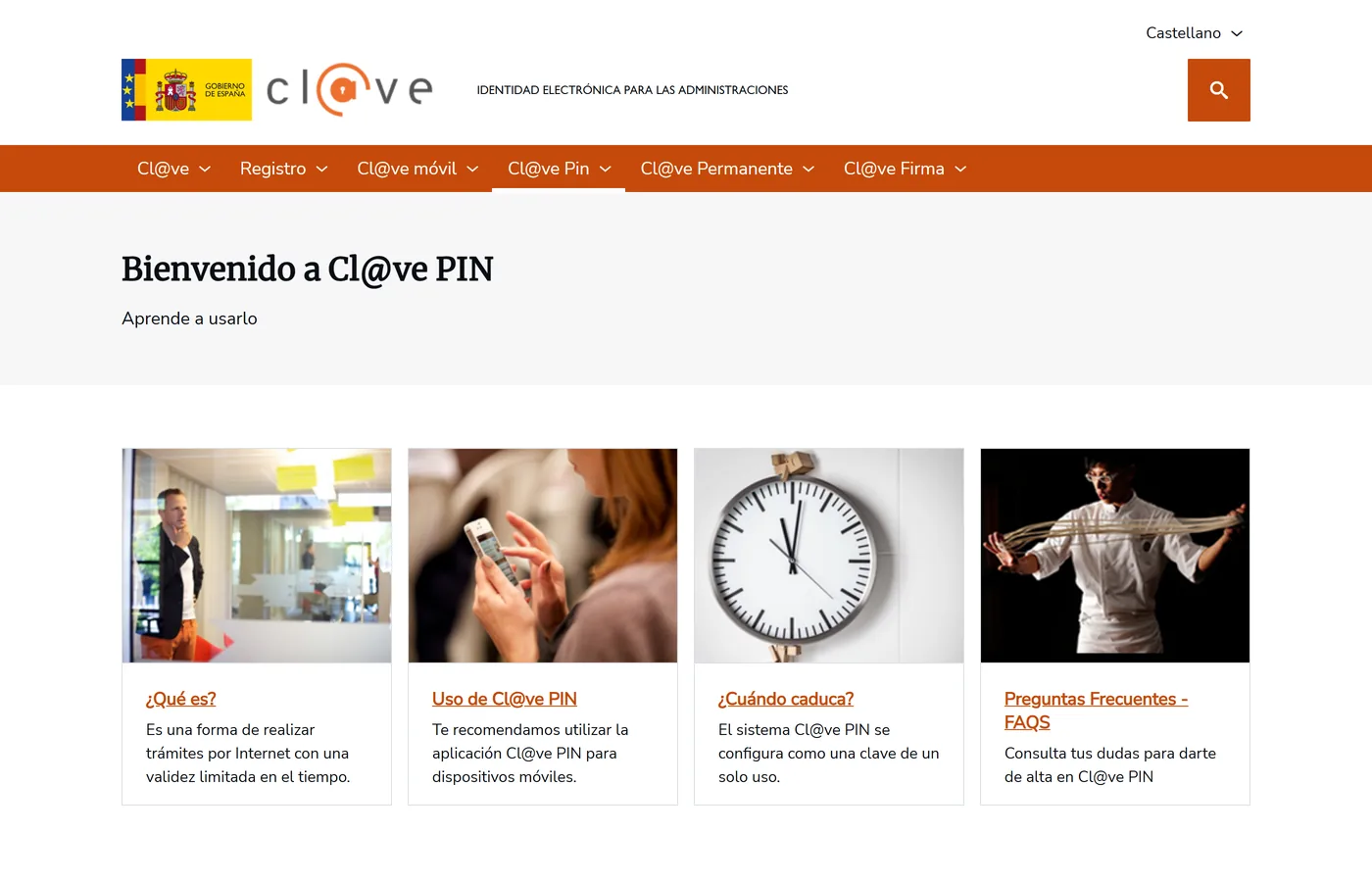 Pagina oficial de Cl@ve PIN en clave.gob.es explicando el codigo temporal de un solo uso