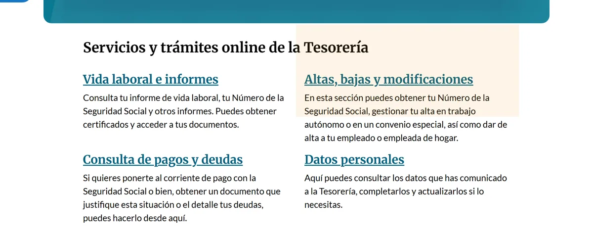 Portal de la Tesoreria General de la Seguridad Social con el alta en convenio especial resaltada