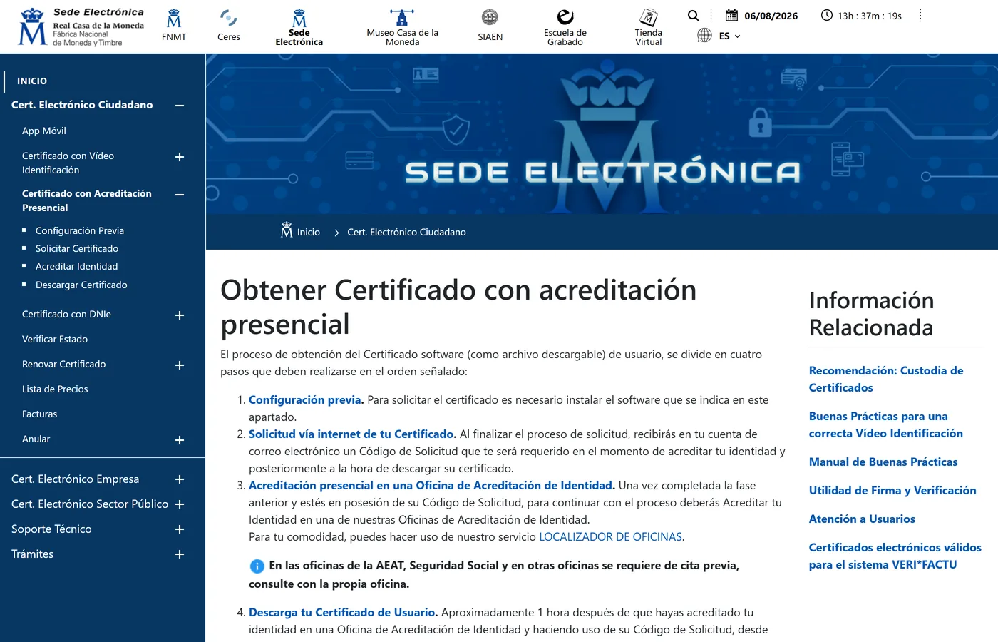 Captura oficial: Los pasos de la FNMT para obtener el certificado.