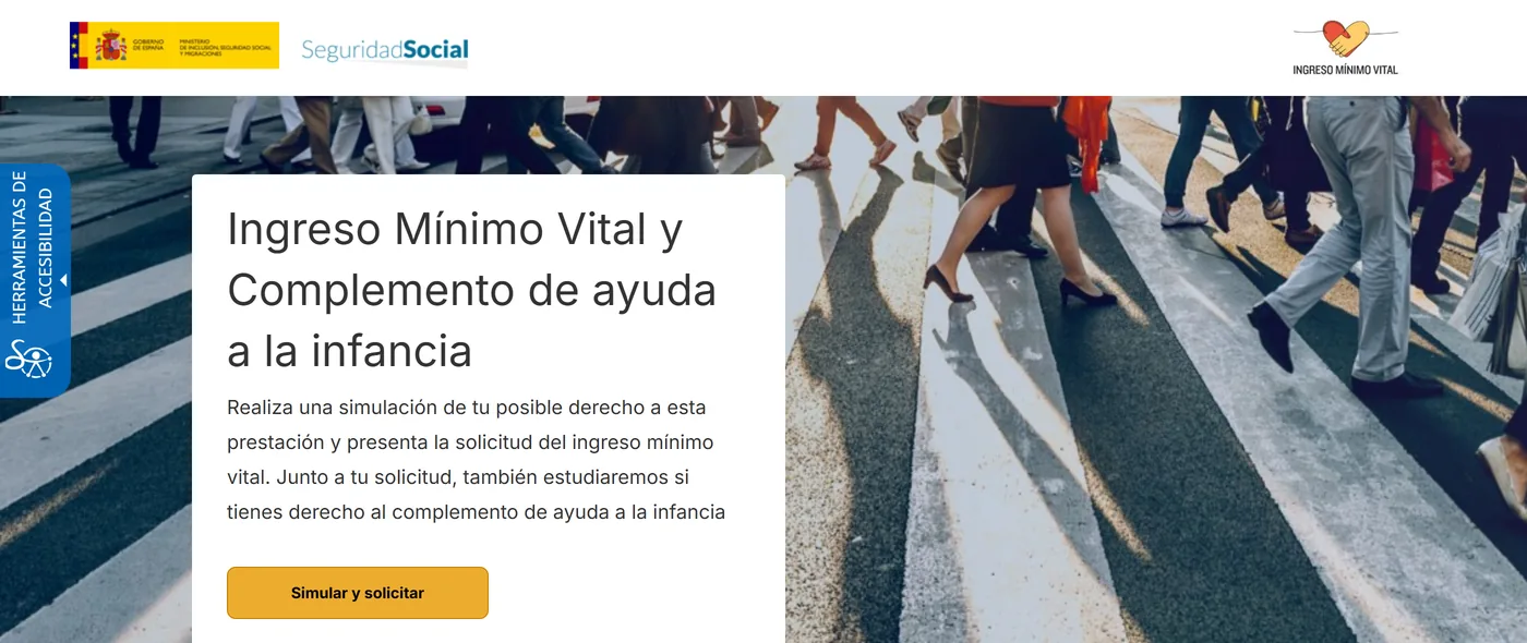 Portal oficial del Ingreso Mínimo Vital en imv.seg-social.es con el botón Simular y solicitar