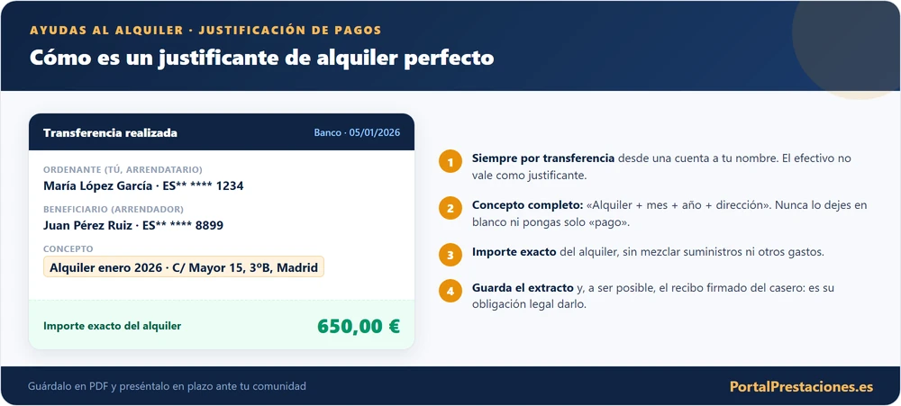Infografia de como es un justificante de alquiler perfecto: transferencia con concepto correcto