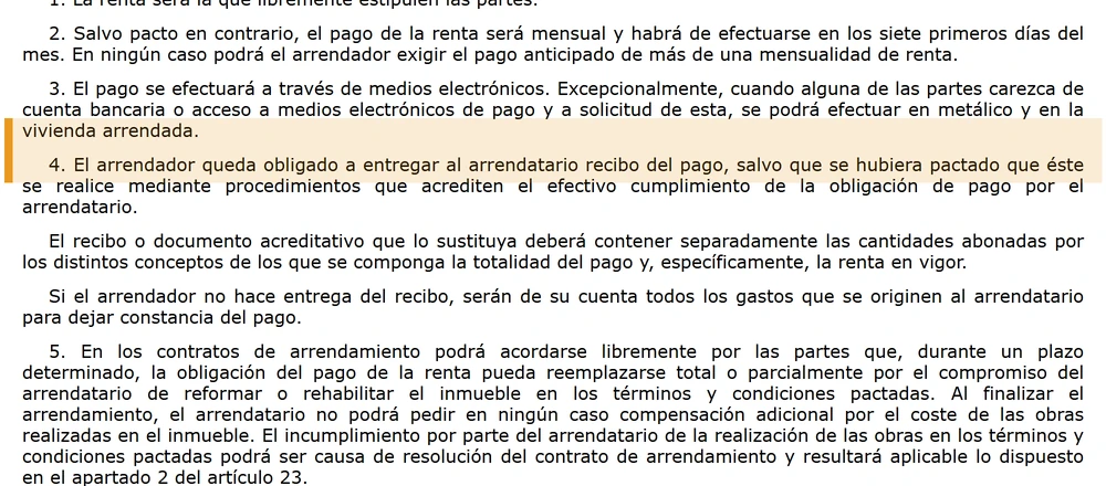 Articulo 17 de la Ley de Arrendamientos Urbanos: el arrendador esta obligado a entregar recibo del pago
