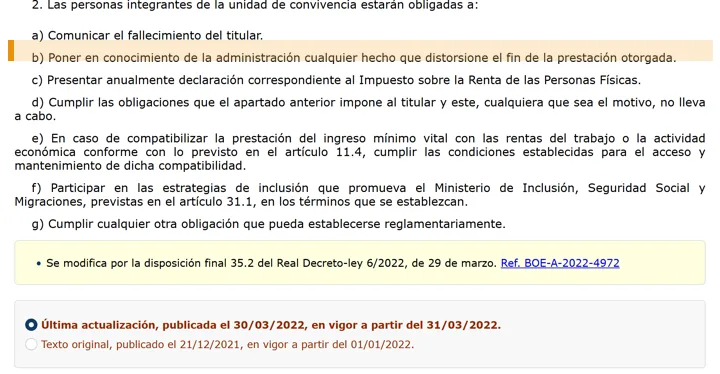 Ley 19/2021: obligacion de poner en conocimiento del INSS cualquier hecho que distorsione el fin de la prestacion