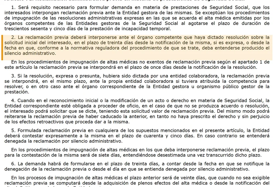 Articulo 71 de la Ley 36-2011 sobre la reclamacion previa y el plazo de treinta dias