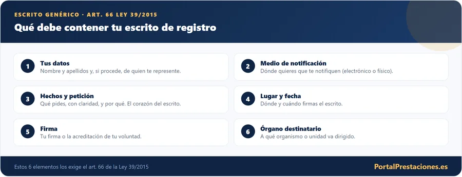 Los seis elementos que debe contener un escrito de registro segun el articulo 66
