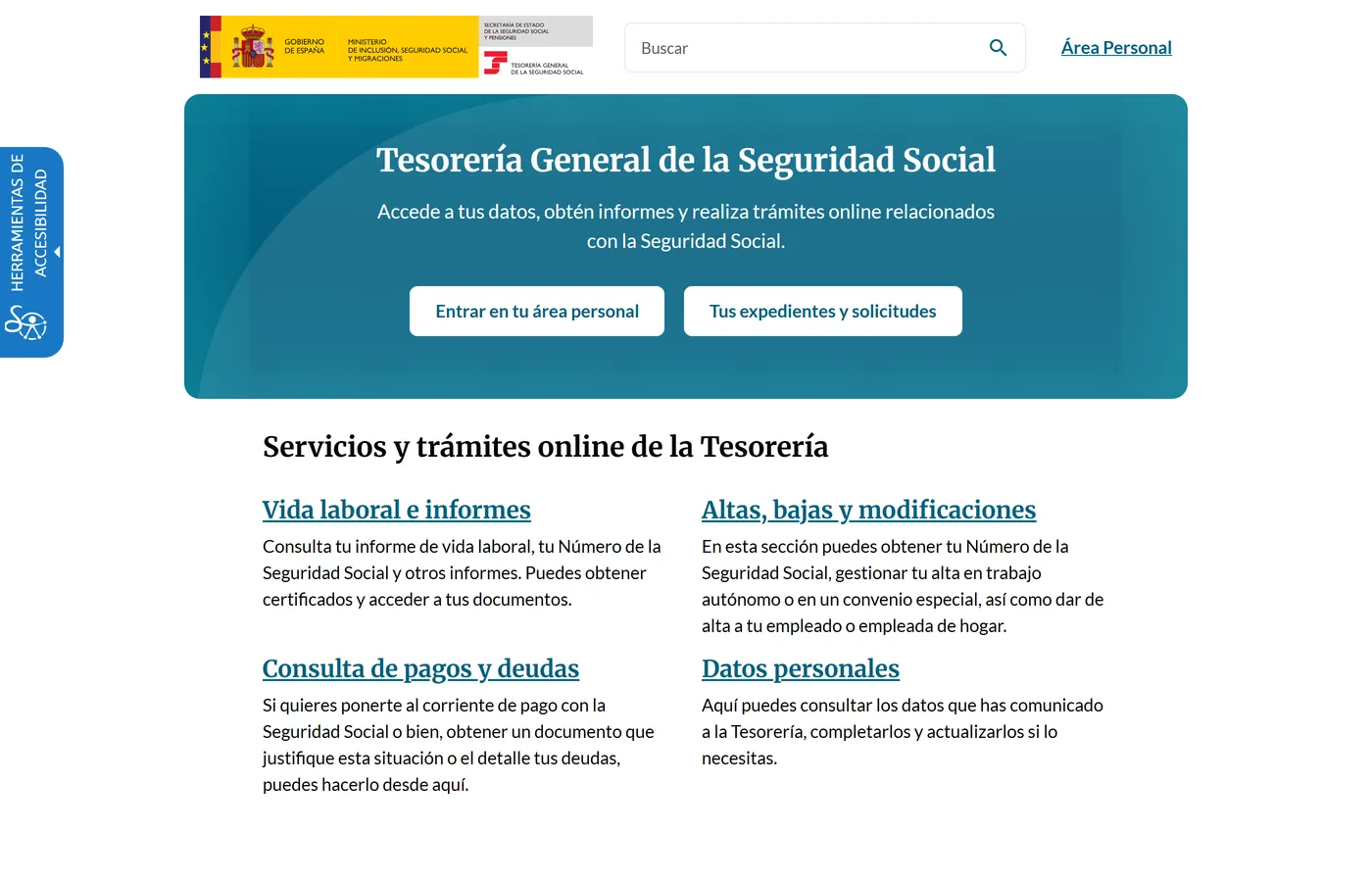 La seccion Vida laboral e informes del portal Import@ss de la Tesoreria.