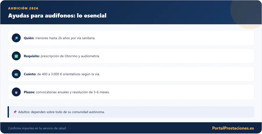 Infografía con los datos clave de las ayudas para audífonos en 2026