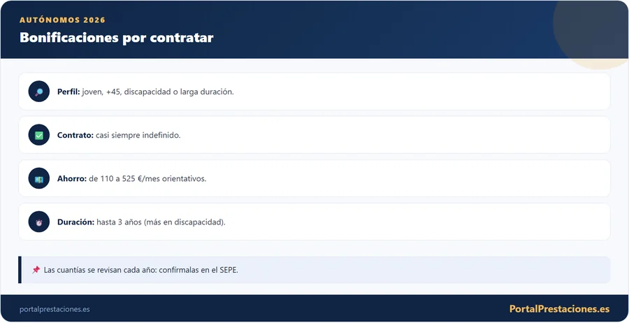 Infografía con las bonificaciones para el autónomo que contrata a su primer trabajador en 2026 según el perfil.