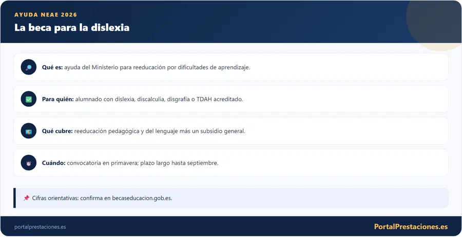Infografía con qué es, para quién, qué cubre y cuándo se pide la ayuda por dislexia 2026