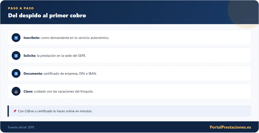 Infografía con la secuencia de pasos para cobrar el paro tras un despido