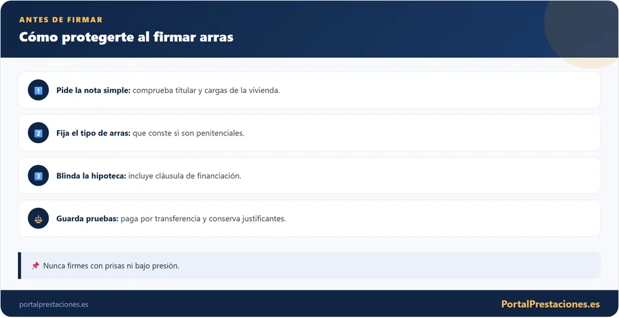 Infografía con los pasos para protegerte al firmar un contrato de arras: nota simple, tipo de arras, cláusula de financiación y pruebas de pago.
