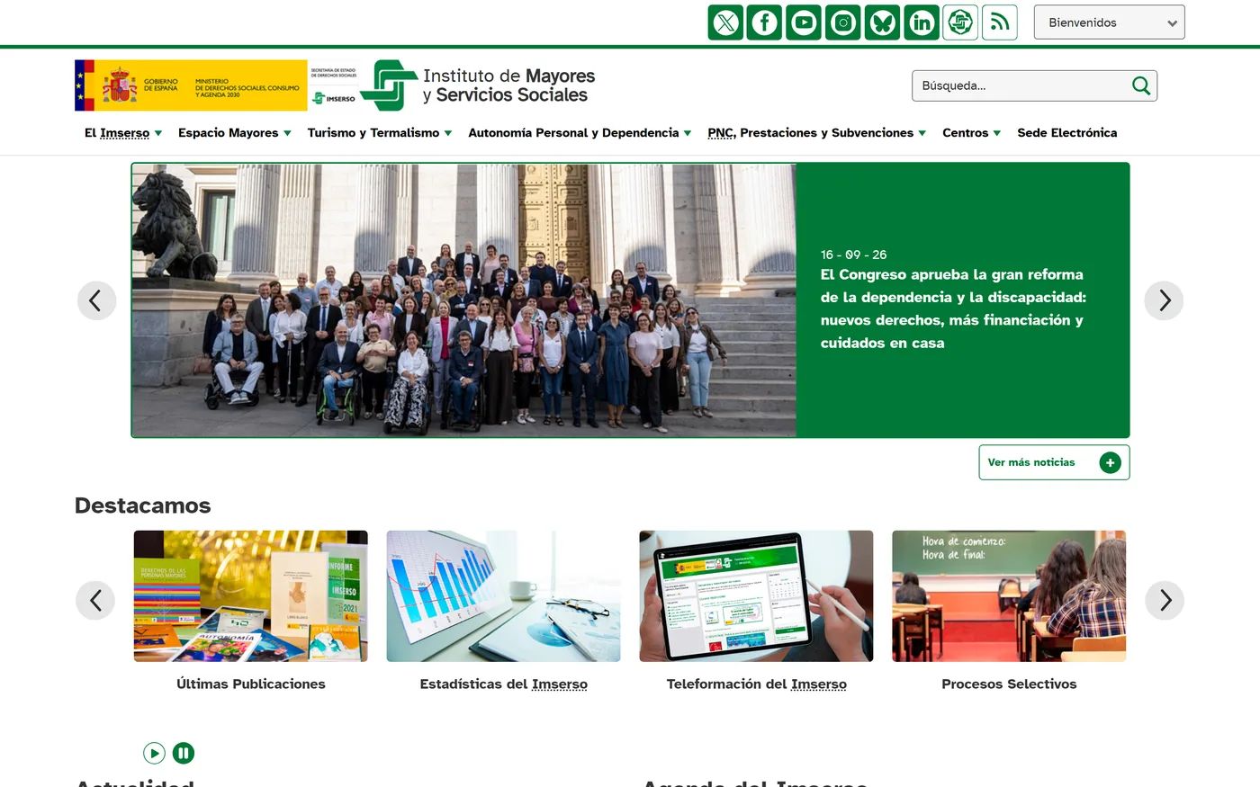 Web oficial del IMSERSO informando de la reforma de la dependencia de 2026