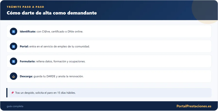 Infografía con los pasos para inscribirse como demandante de empleo online en 2026.