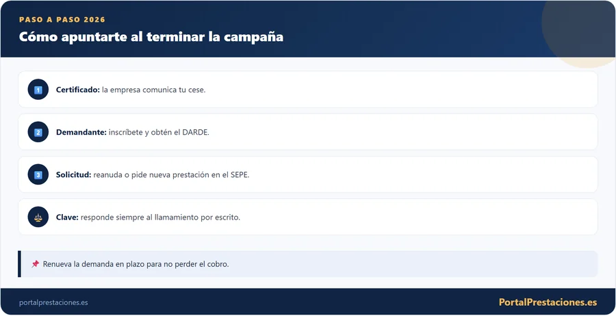 Infografía con los pasos para apuntarse al SEPE como fijo discontinuo tras terminar la campaña.