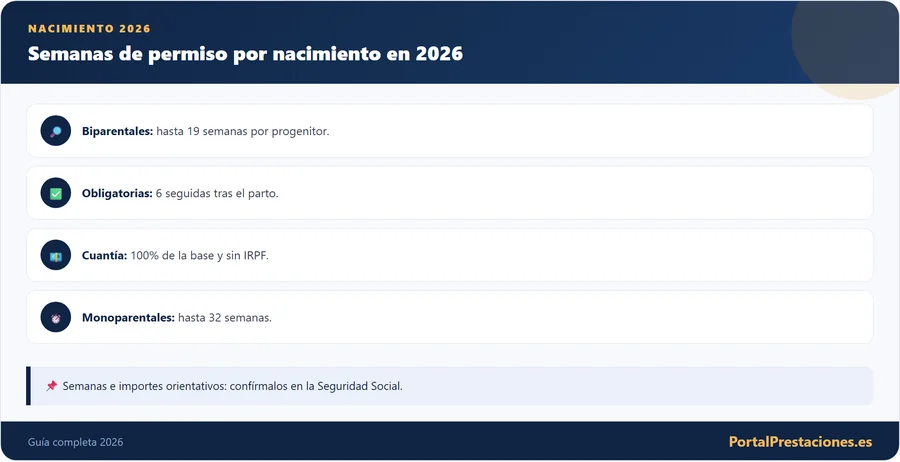 Infografía con las semanas del permiso por nacimiento y cuidado de menor en 2026.